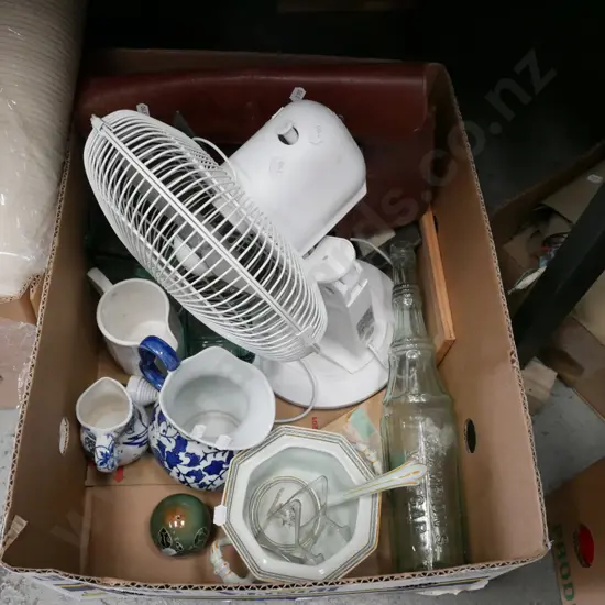 box; table top fan, vintage leather satchel, bottles jugs etc