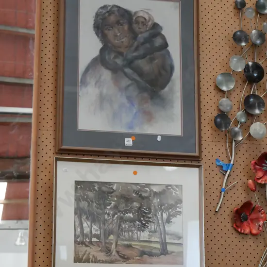 framed pastel - mother and child, framed watercolour - house in the trees - orange dots