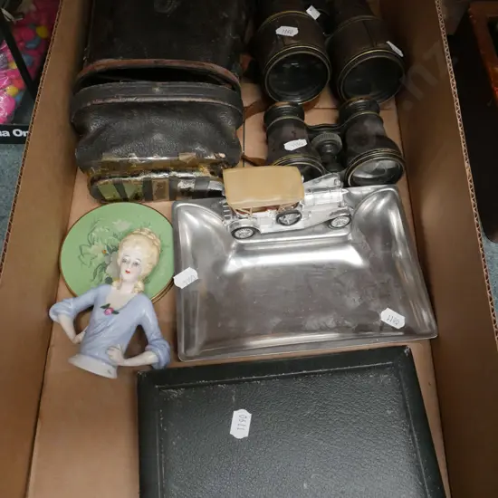 box; vintage binoculars, ashtray, half doll etc