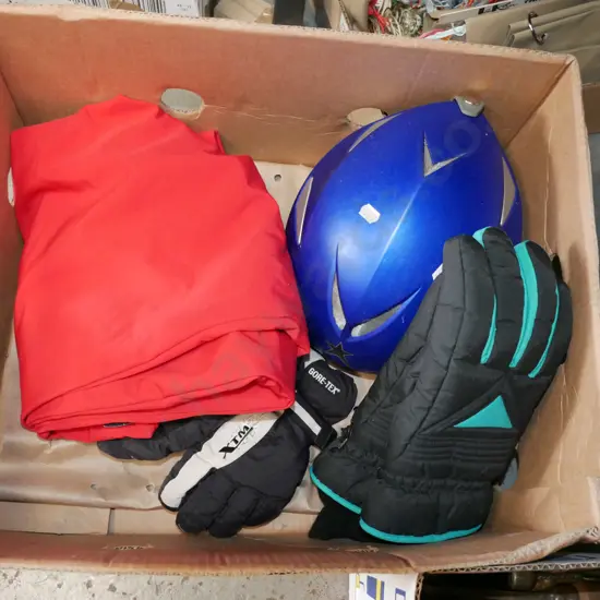 box; size large red ski pants, gloves, helmet