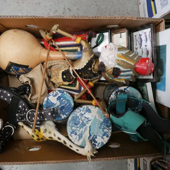 box; Indonesian marionette, framed prints, vintage tins, dog harnesses etc