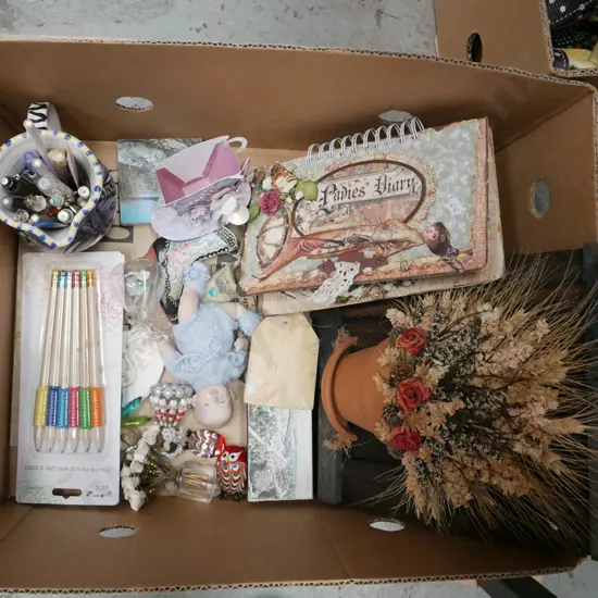 box; dried flower art work, jug, pencil, dolls, glass owls etc