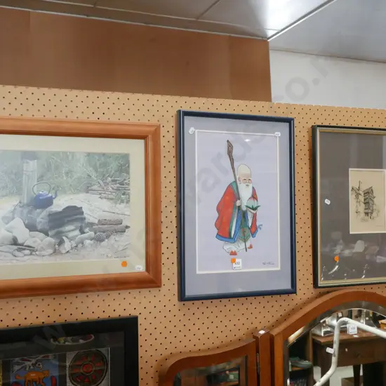 3 x framed prints- camp site, Asian figure, Tudor manor - orange dots