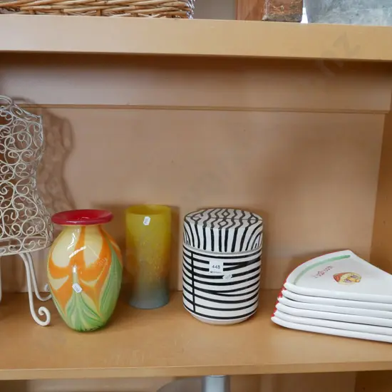 shelf; pizza plates, lidded canisters etc