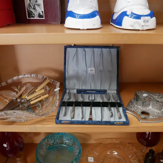 cased cutlery, part desk set, cut glass bowl, cutlery