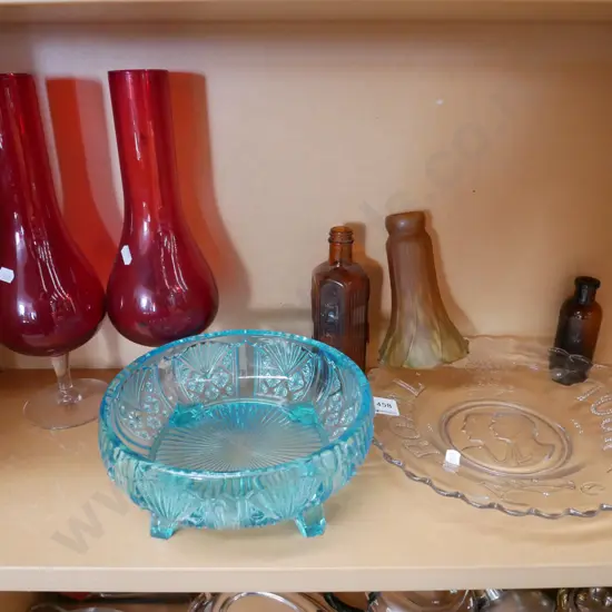 shelf; ruby glass goblets, footed glass bowl, royal tour plate etc