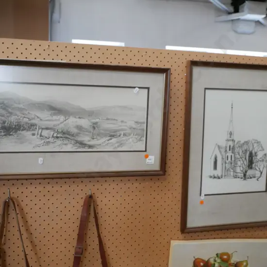 2x framed prints - early Dunedin, church - orange dots