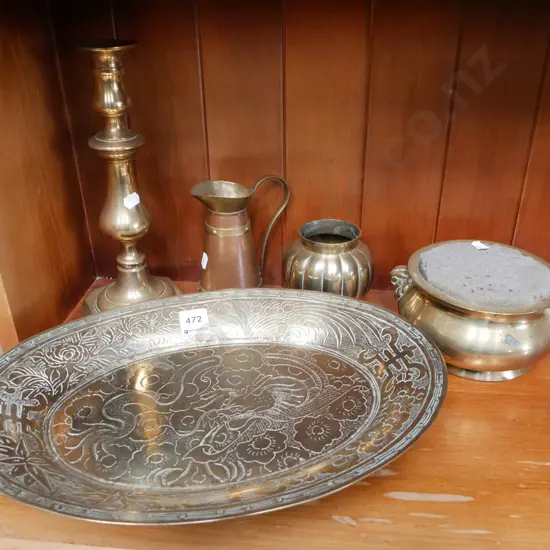 heavy brass Asian bowl, candlesticks, vases etc