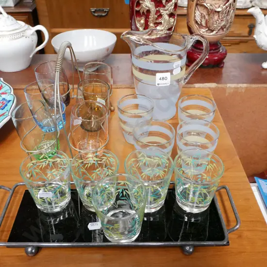 coloured glass tumbler set in basket - water jug, glasses