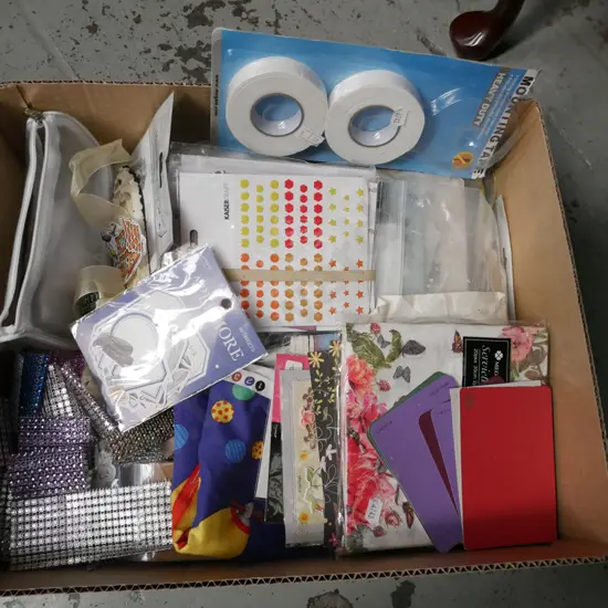 box; crafter's supplies, stickers, mounting tape, beads etc
