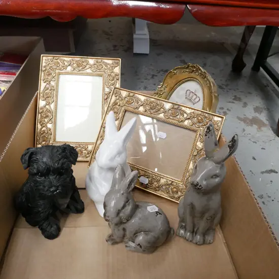 box; gilt photo frames, rabbit and dog figurines