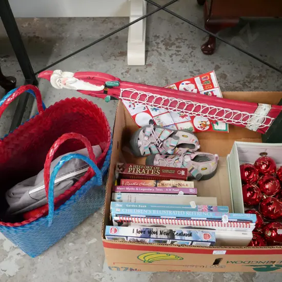 box; children's shoes, bags, Xmas decorations, books etc