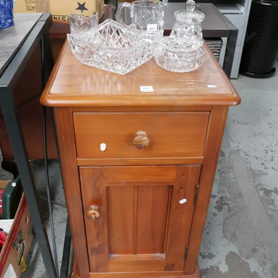 pine 1 drawer 1 door bedside cabinet - some scratches to varnish H-680 W-400 D-380