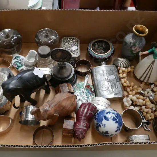 box; elephant figurines, clockwork fairy doll, hip flask, glass apple paperweights etc