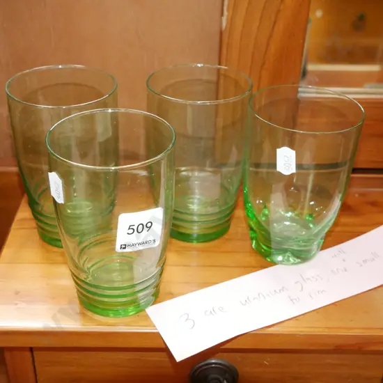 4x green glass tumblers (3 are uranium glass - 1 with small chip to rim)