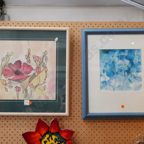 3x framed floral prints - orange dots