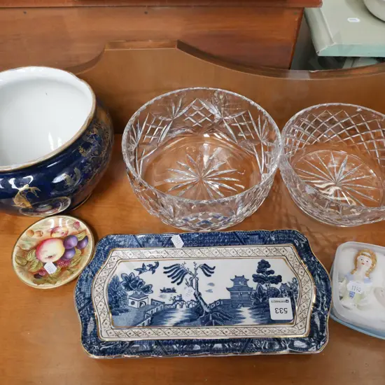 jardiniere, 2 cut crystal salad bowls, half dolls etc