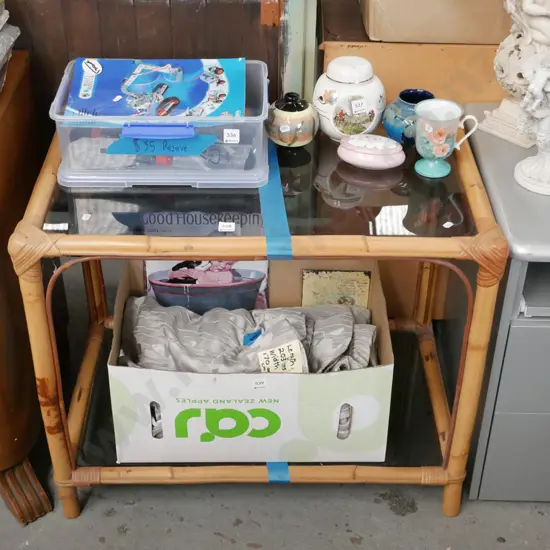 bamboo cane and smoked glass end table H-630 W-750 D-470