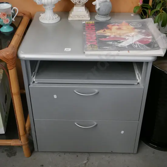 silver painted 2 drawer cabinet with pull out tray H-610 W-570