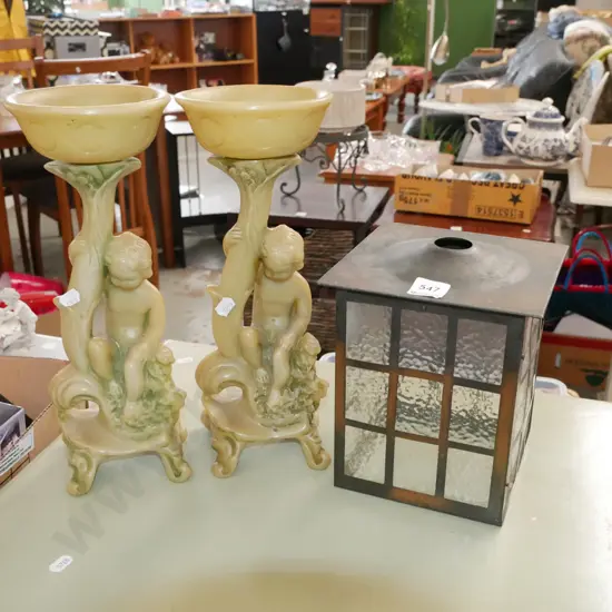 2x composite candlesticks, copper and glass outdoor light fitting