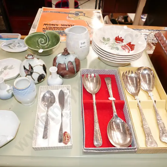 plated serving spoons, jug, red rose bowls etc