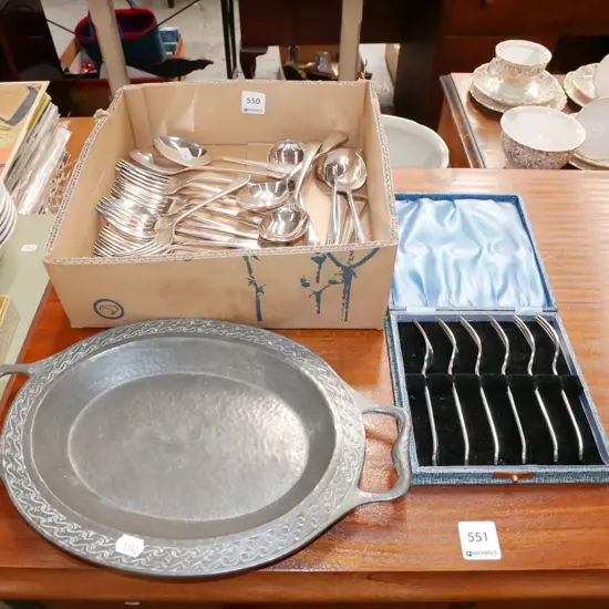 pewter tray, cased cutlery, assorted cutlery