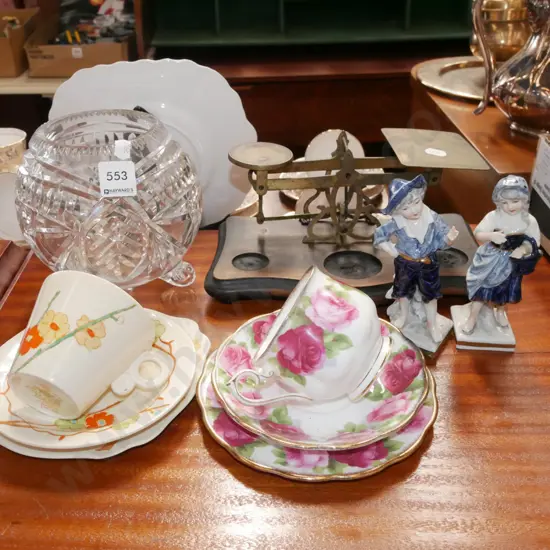 part balance scales, Old English Rose trio, cut crystal footed bowl etc
