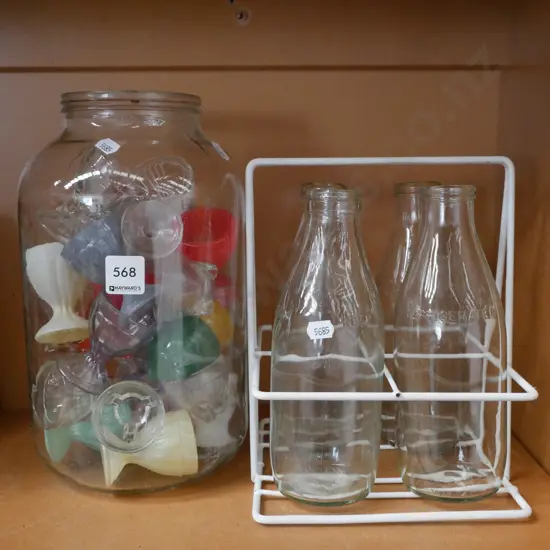 milk bottles, large glass jar of egg cups