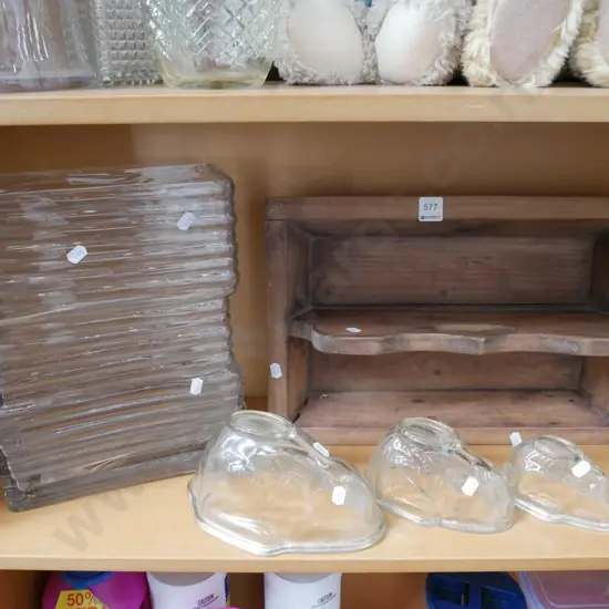 wooden basket, large glass vase, 3 glass rabbit jelly moulds