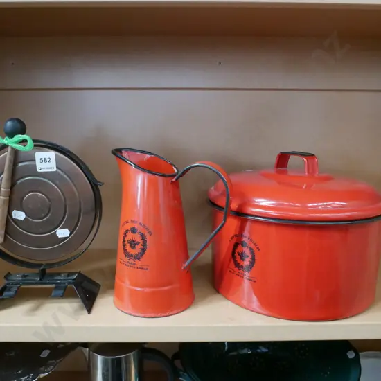 reproduction French enamel jug, lidded casserole, small gong