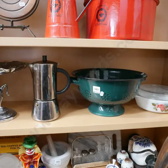 plated comport, stove top espresso, enamel colander etc