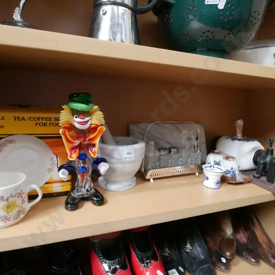 shelf; Crown Lynn cups and saucers, mortar and pestle etc