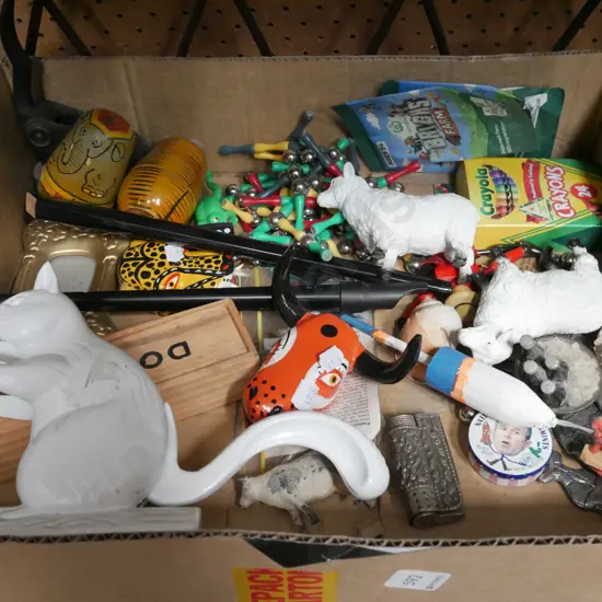 box; sheep figurines, squirrel nutcracker, crayons etc