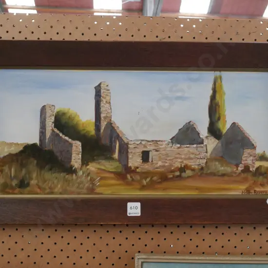 framed Hilda Rivers oil - stone cottage