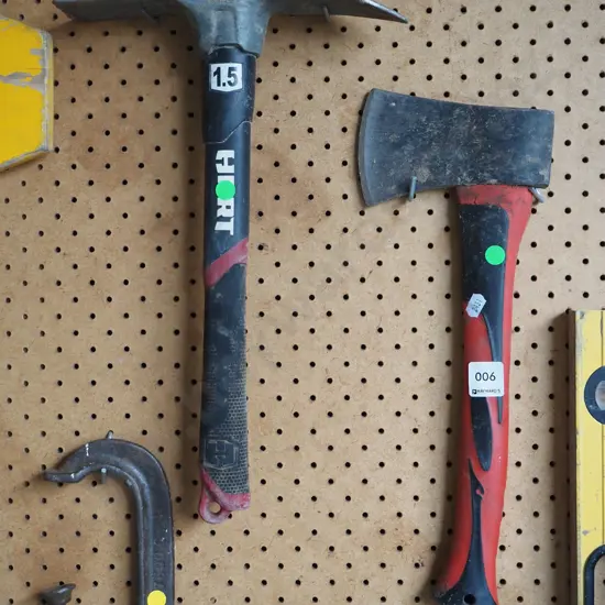 small hatchet and short handled mattock - green dots