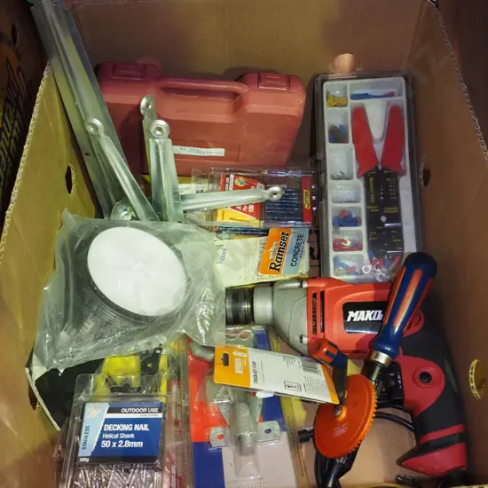 box; drill, shelf brackets, double flaring tool kit etc