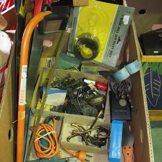 box;  hand saws, coat hooks, part hole saw etc