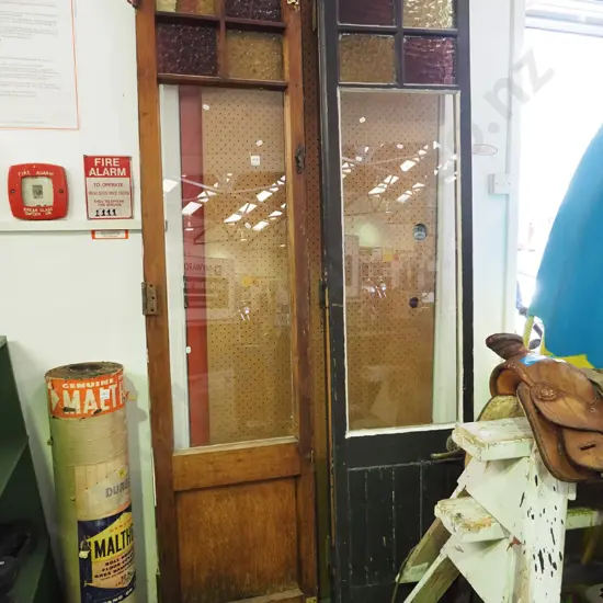 pair of oregon French doors, each with 1 coloured and 4 clear panes. Each door H-2030 W-460