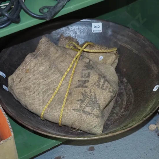 old gold pan, sugar sack