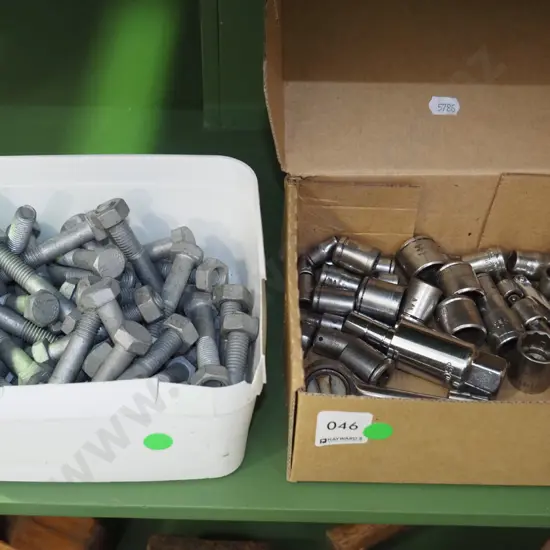 box; sockets, plastic tub of nuts and bolts - green dots