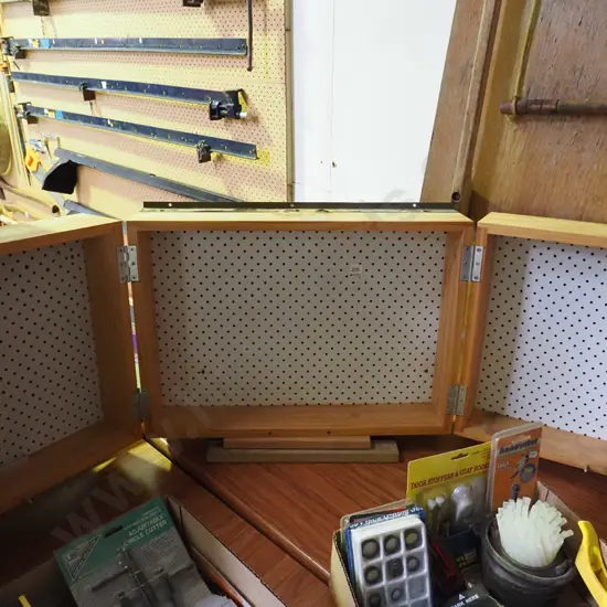 homemade wall mounted workshop cupboard with pegboard interior H-420 W-600 closed