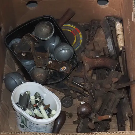 box; old casters, spoke shaves,antique  Stanley combination king  plane etc