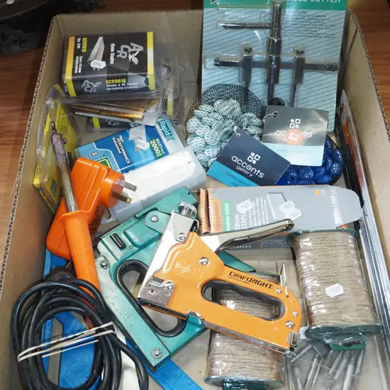 box; adjustable circle cutter, stapler, soldering iron etc