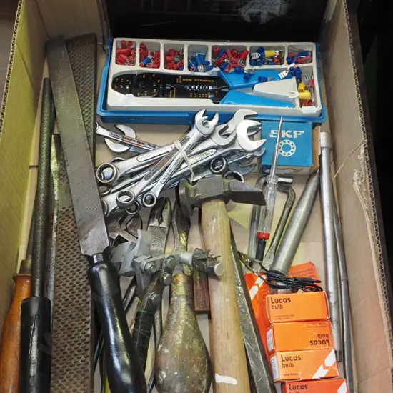 box; open end ring spanners, electrical crimps etc