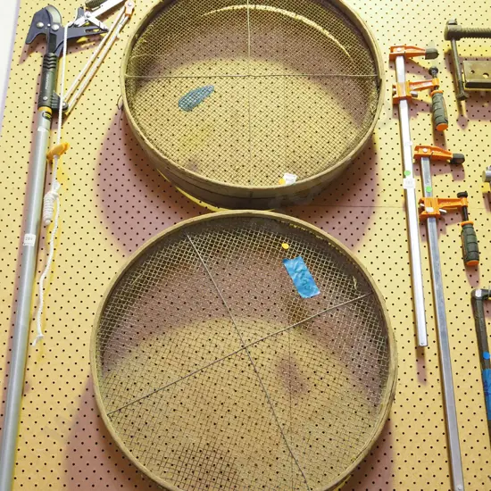 2x garden sieves - orange dots