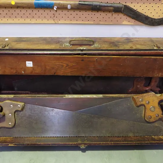 vintage wooden tool box and 3 hand saws - one has borer