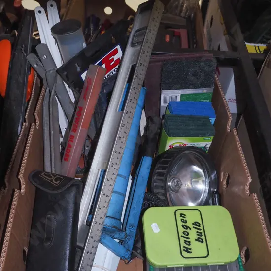 box; grease gun, builders level etc