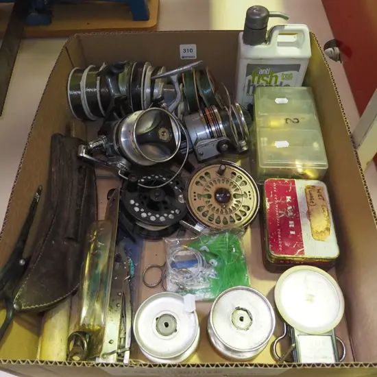 box; fishing reels, fishing line etc
