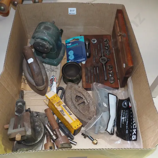 box; small tap and die set, sad irons, pencil sharpener etc