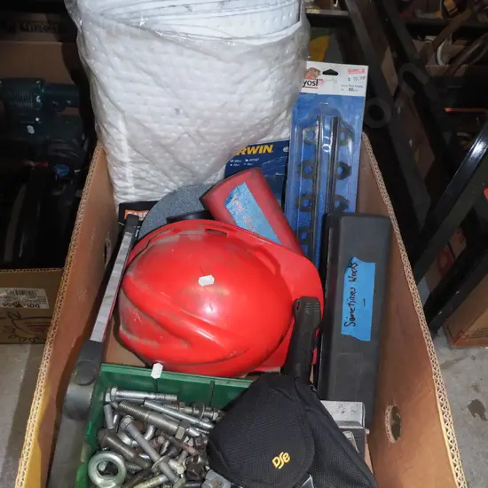 box; nuts, bolts, hard hat etc